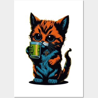 Cartoonish Kitten With Beer Mug Posters and Art